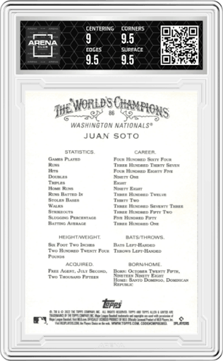 Juan Soto from the 2022 Topps Allen & Ginter set graded by Arena Club and given an overall grade of 9.5.