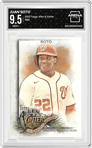 Juan Soto from the 2022 Topps Allen & Ginter set graded by Arena Club and given an overall grade of 9.5.