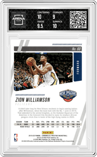 Zion Williamson from the 2019-20 Panini Chronicles  set graded by Arena Club and given an overall grade of 9.5.