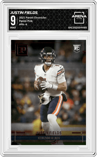 Justin Fields from the 2021 Panini Chronicles set featuring a Pink parallel graded by Arena Club and given an overall grade of 9.