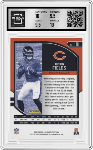 Justin Fields from the 2021 Panini Absolute set graded by Arena Club and given an overall grade of 10.