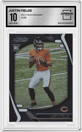 Justin Fields from the 2021 Panini Absolute set graded by Arena Club and given an overall grade of 10.