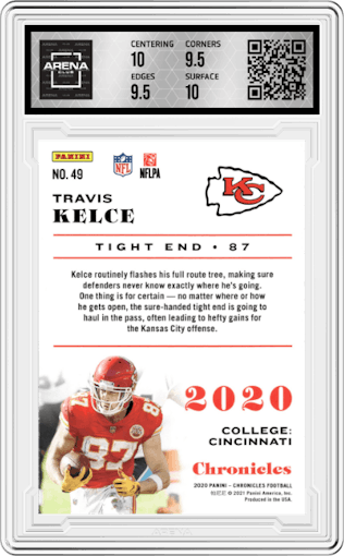 Travis Kelce from the 2020 Panini Chronicles set featuring a Bronze parallel graded by Arena Club and given an overall grade of 10.