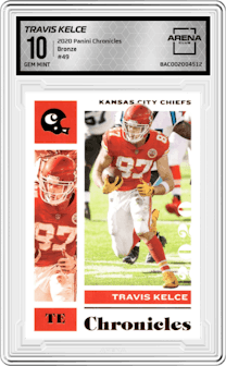 Travis Kelce from the 2020 Panini Chronicles set featuring a Bronze parallel graded by Arena Club and given an overall grade of 10.