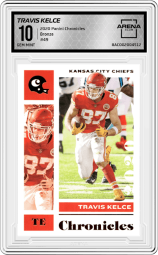 Travis Kelce from the 2020 Panini Chronicles set featuring a Bronze parallel graded by Arena Club and given an overall grade of 10.