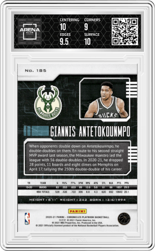 Giannis Antetokounmpo from the 2020-21 Panini Chronicles set graded by Arena Club and given an overall grade of 9.5.