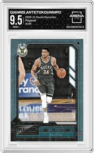 Giannis Antetokounmpo from the 2020-21 Panini Chronicles set graded by Arena Club and given an overall grade of 9.5.