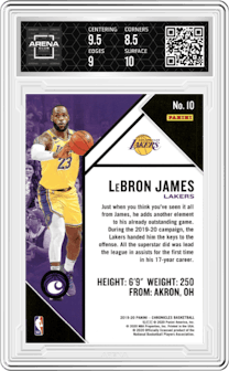 LeBron James from the 2019-20 Panini Chronicles  set graded by Arena Club and given an overall grade of 9.