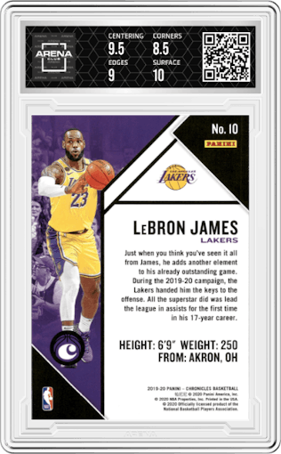 LeBron James from the 2019-20 Panini Chronicles  set graded by Arena Club and given an overall grade of 9.