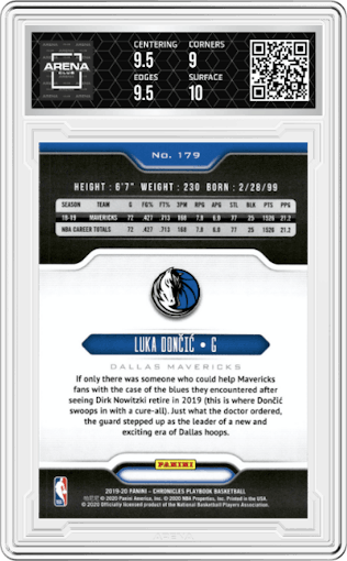 Luka Doncic from the 2019-20 Panini Chronicles  set graded by Arena Club and given an overall grade of 9.5.
