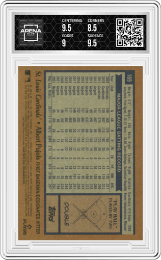 Albert Pujols from the 2022 Topps Archives set graded by Arena Club and given an overall grade of 9.