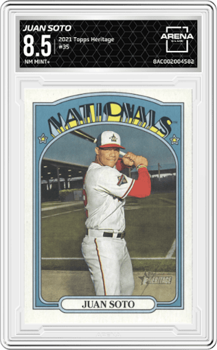 Juan Soto from the 2021 Topps Heritage set graded by Arena Club and given an overall grade of 8.5.