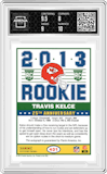 Travis Kelce from the 2013 Score set featuring a Purple parallel graded by Arena Club and given an overall grade of 8.5.