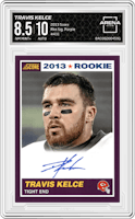 Travis Kelce from the 2013 Score set featuring a Purple parallel graded by Arena Club and given an overall grade of 8.5.