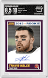 Travis Kelce from the 2013 Score set featuring a Purple parallel graded by Arena Club and given an overall grade of 8.5.