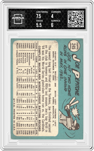 Joe Pepitone from the 1965 Topps set graded by Arena Club and given an overall grade of 4.5.
