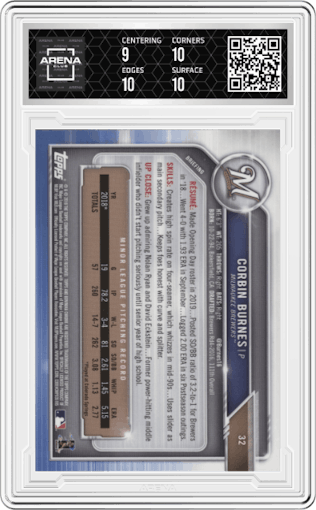 Corbin Burnes from the 2019 Bowman Chrome set graded by Arena Club and given an overall grade of 9.5.