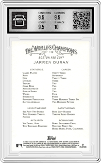 Jarren Duran from the 2022 Topps Allen & Ginter set graded by Arena Club and given an overall grade of 10.