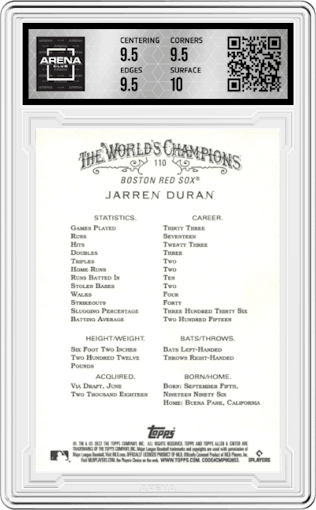 Jarren Duran from the 2022 Topps Allen & Ginter set graded by Arena Club and given an overall grade of 10.