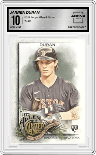 Jarren Duran from the 2022 Topps Allen & Ginter set graded by Arena Club and given an overall grade of 10.