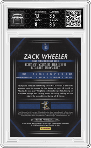 Zack Wheeler from the 2013 Pinnacle set graded by Arena Club and given an overall grade of 8.5.