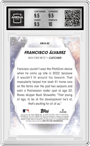 Francisco Alvarez from the 2023 Topps Series 2 set graded by Arena Club and given an overall grade of 10.