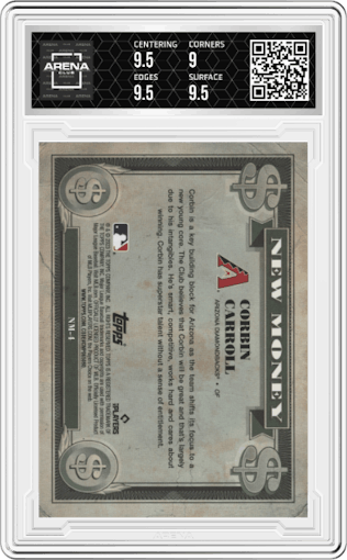  Corbin Carroll  from the 2023 Bowman Platinum set graded by Arena Club and given an overall grade of 9.5.