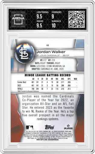 Jordan Walker from the 2023 Bowman Platinum set graded by Arena Club and given an overall grade of 9.5.