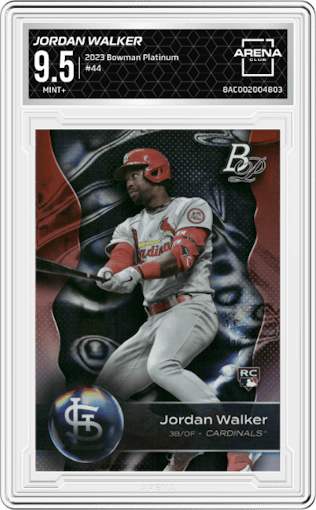 Jordan Walker from the 2023 Bowman Platinum set graded by Arena Club and given an overall grade of 9.5.