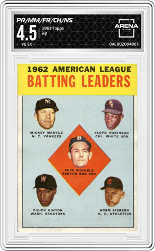 Pete Runnels/Mickey Mantle/Floyd Robinson/Chuck Hinton/Norm Siebern from the 1963 Topps set graded by Arena Club and given an overall grade of 4.5.
