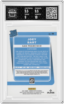 Joey Bart from the 2021 Panini Donruss Optic set graded by Arena Club and given an overall grade of 9.5.
