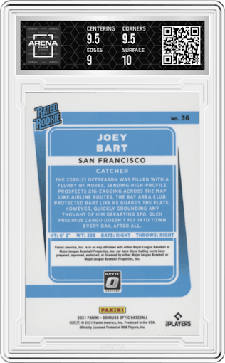 Joey Bart from the 2021 Panini Donruss Optic set graded by Arena Club and given an overall grade of 9.5.