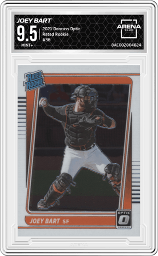 Joey Bart from the 2021 Panini Donruss Optic set graded by Arena Club and given an overall grade of 9.5.