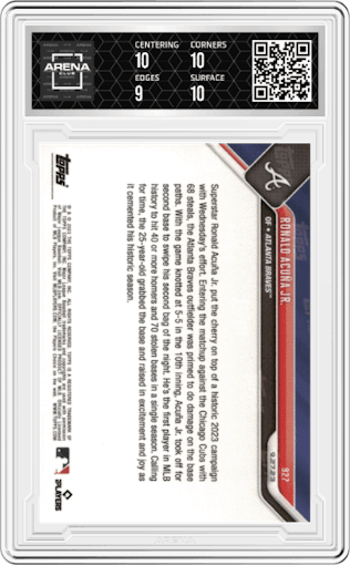 Ronald Acuña Jr from the 2023 Topps Now set graded by Arena Club and given an overall grade of 9.5.