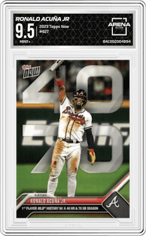 Ronald Acuña Jr from the 2023 Topps Now set graded by Arena Club and given an overall grade of 9.5.