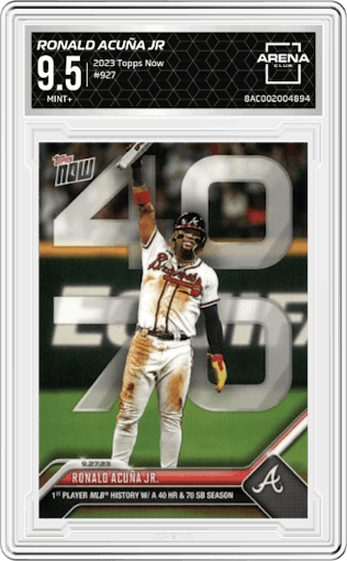 Ronald Acuña Jr from the 2023 Topps Now set graded by Arena Club and given an overall grade of 9.5.