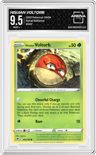 Hisuian Voltorb from the 2022 Pokemon SWSH set graded by Arena Club and given an overall grade of 9.5.