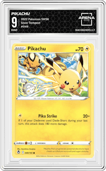 Pikachu from the 2022 Pokemon SWSH set graded by Arena Club and given an overall grade of 9.