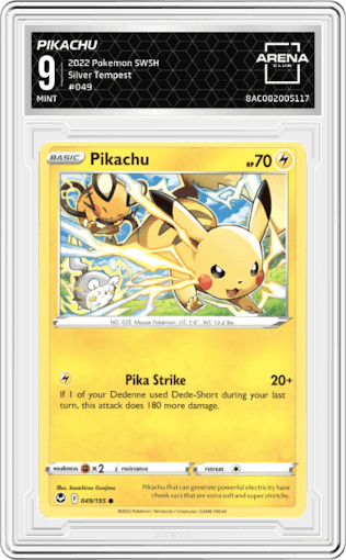 Pikachu from the 2022 Pokemon SWSH set graded by Arena Club and given an overall grade of 9.