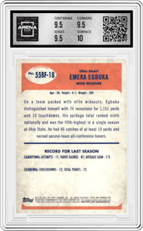 Emeka Egbuka from the 2023 Bowman Chrome University set graded by Arena Club and given an overall grade of 10.