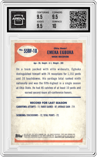 Emeka Egbuka from the 2023 Bowman Chrome University set graded by Arena Club and given an overall grade of 10.
