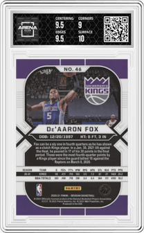 De'Aaron Fox from the 2020-21 Panini Obsidian set featuring a Electric Etch Purple parallel graded by Arena Club and given an overall grade of 9.5.