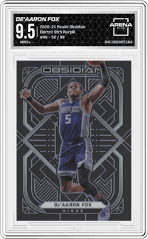 De'Aaron Fox from the 2020-21 Panini Obsidian set featuring a Electric Etch Purple parallel graded by Arena Club and given an overall grade of 9.5.