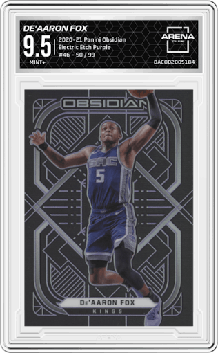 De'Aaron Fox from the 2020-21 Panini Obsidian set featuring a Electric Etch Purple parallel graded by Arena Club and given an overall grade of 9.5.