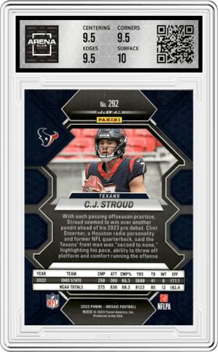 C.J. Stroud from the 2023 Panini Mosaic set featuring a Green Mosaic parallel graded by Arena Club and given an overall grade of 10.