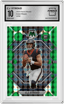 C.J. Stroud from the 2023 Panini Mosaic set featuring a Green Mosaic parallel graded by Arena Club and given an overall grade of 10.