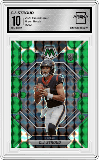 C.J. Stroud from the 2023 Panini Mosaic set featuring a Green Mosaic parallel graded by Arena Club and given an overall grade of 10.