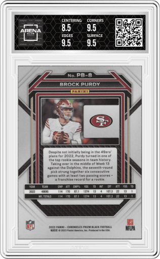 Brock Purdy from the 2022 Panini Chronicles set graded by Arena Club and given an overall grade of 9.