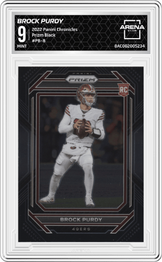 Brock Purdy from the 2022 Panini Chronicles set graded by Arena Club and given an overall grade of 9.