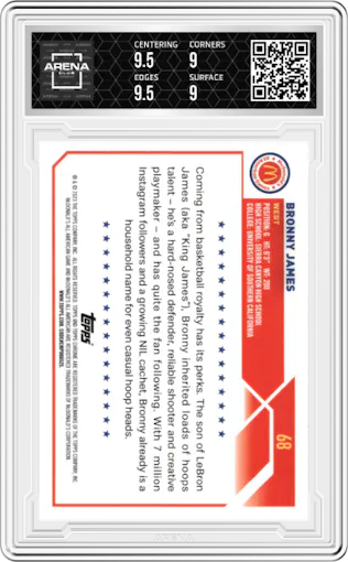 Bronny James from the 2023 Topps Chrome McDonald's All American set graded by Arena Club and given an overall grade of 9.5.
